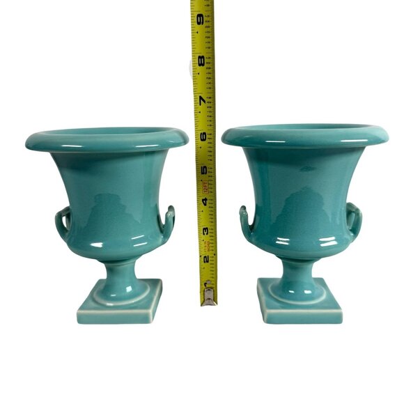 Trenton Potteries TAC Mini Vase Urn Planter 6" Turquoise Blue Porcelain Lot Of 2 - Picture 7 of 7